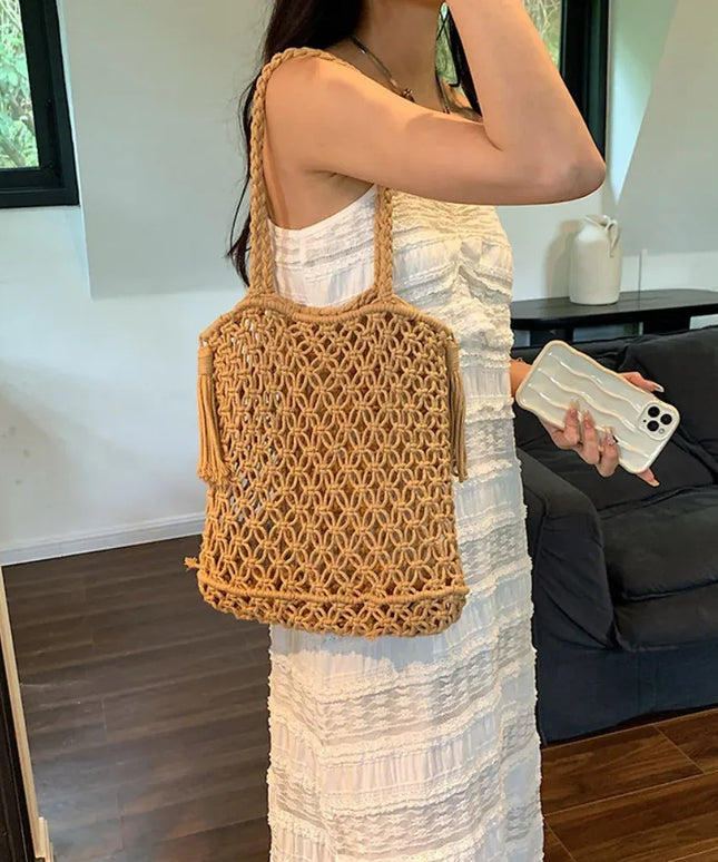 KissICON Tassel Cotton Crochet Tote – Mesh Beach Vacation