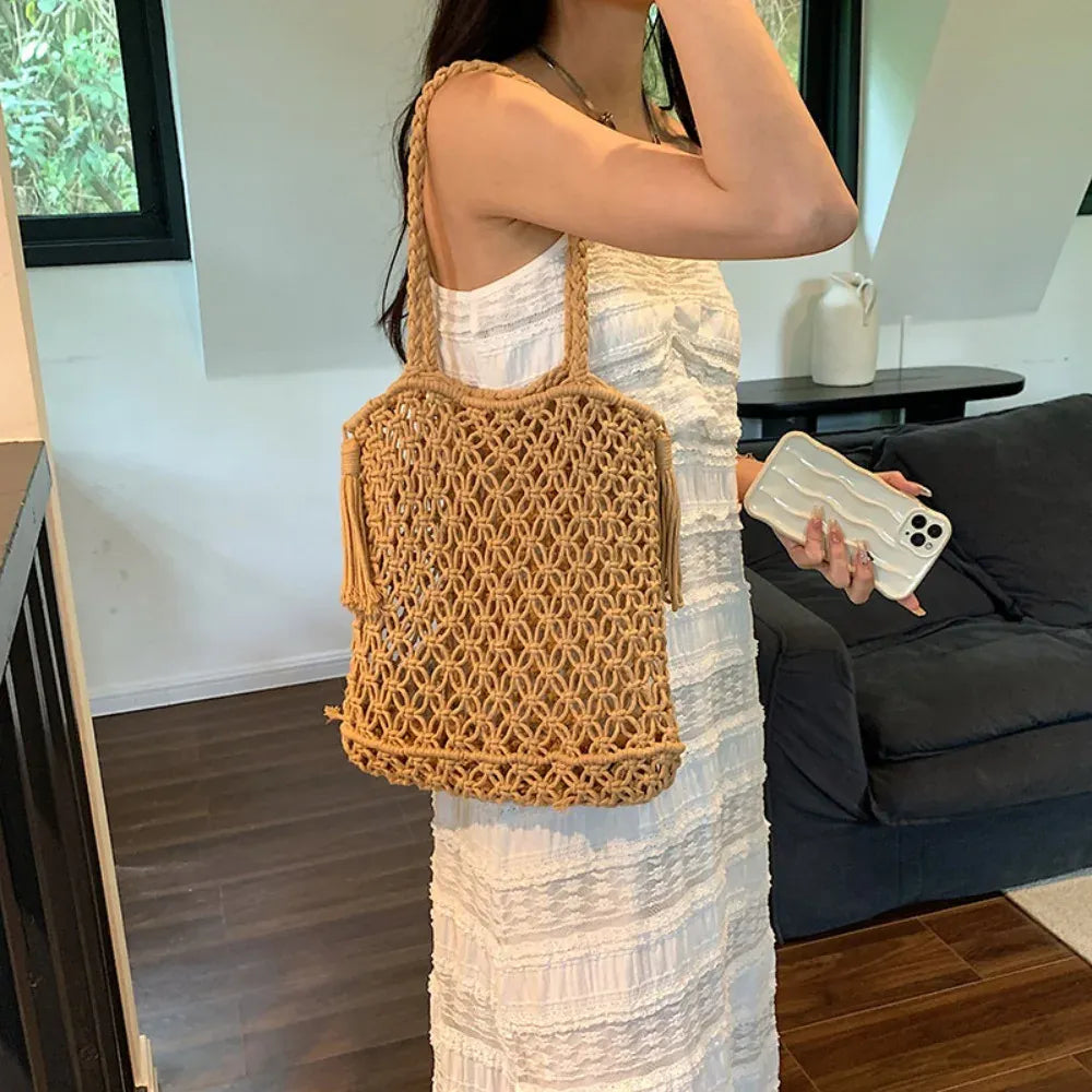 KissICON Tassel Cotton Crochet Tote – Mesh Beach Vacation