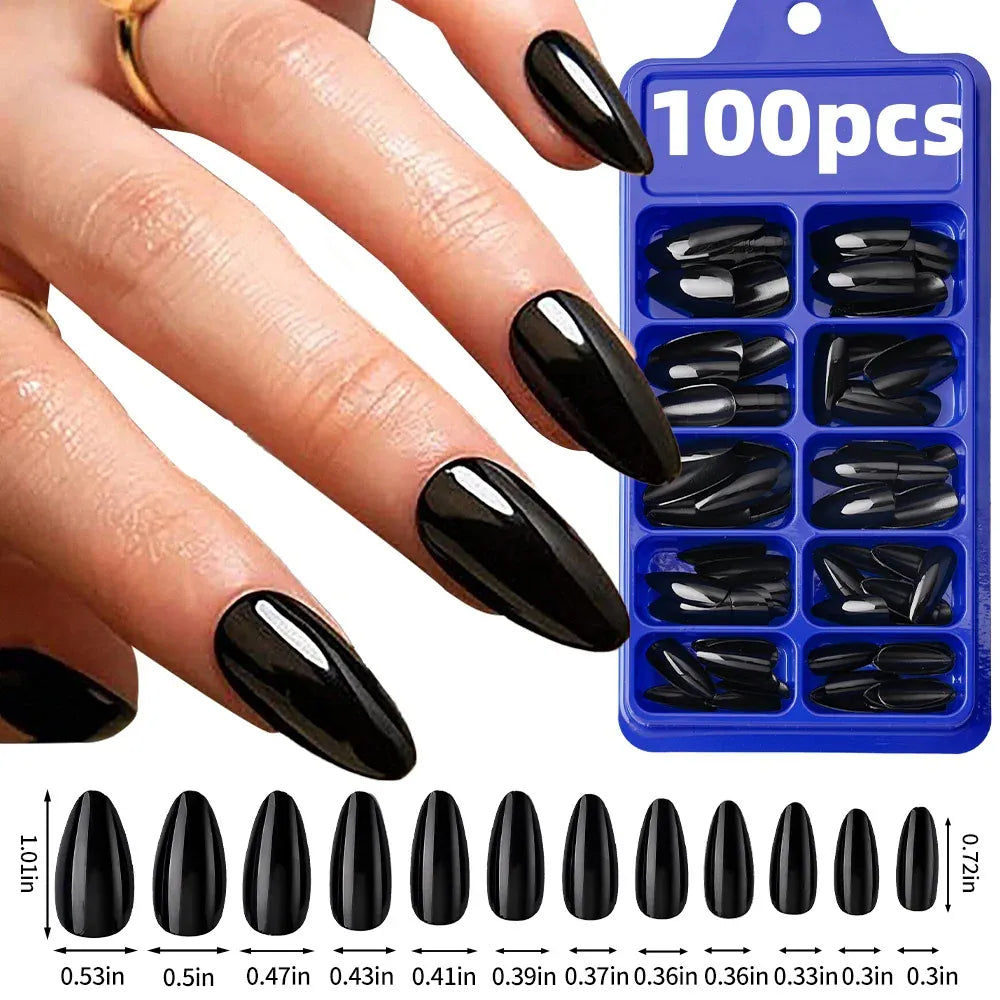 KissICON TD192 Long Coffin Black Press On Nails Full Cover