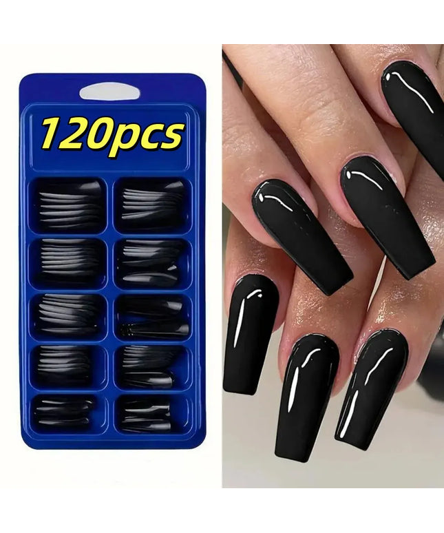 KissICON TD262 Long Coffin Black Press On Nails Full Cover