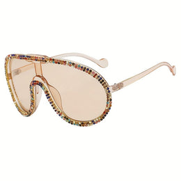 KissICON Eyewear Tea frame colored diamond tea leaves Sparkling Bohemian Y2K Encrusted Large Frame Fashion Glasses