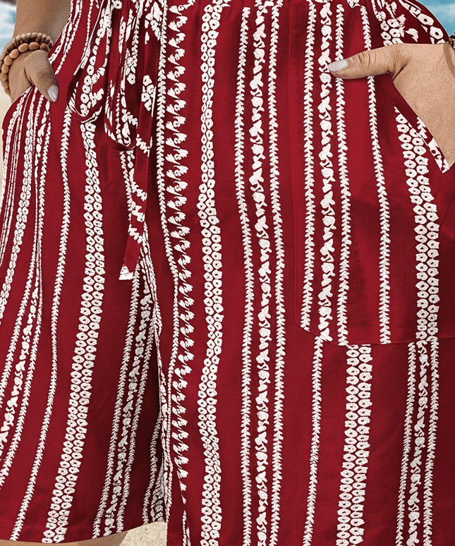 jkthpu-45 The color of rouge / UK 16 Boho Plus Size HighWaisted Printed Vacation Shorts