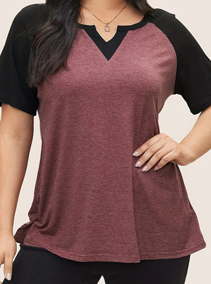 KissICON The color of rouge / UK 16 Plus Size Patchwork Notch Lapel T-Shirt - Elegant Black & Maroon Short Sleeve Tee with V-Neck, Lightweight Stretch Fabric, Summer Style, Casual Wear|Vneck Tshirt|Patchwork Detail
