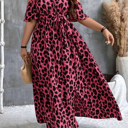 jkthpu-45 The color of rouge / UK 16 Plus Size Women's Leopard Print Elegant Fitted Midi Dress - Spaghetti Strap, Machine Washable, All-Season Versatile for Casual & Formal Wear, Formal Attire, Simple Elegance, Flowing Skirt Style