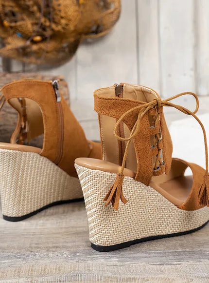 KissICON Thick Bottom Wedges Sandals Women Retro Lace Up