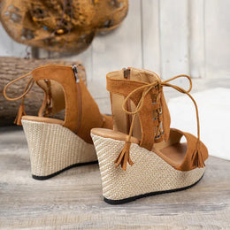 KissICON Thick Bottom Wedges Sandals Women Retro Lace Up