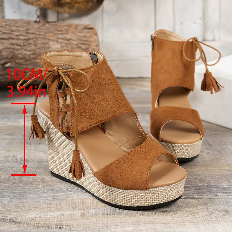KissICON Thick Bottom Wedges Sandals Women Retro Lace Up