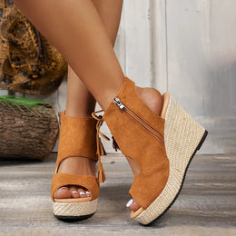 KissICON Thick Bottom Wedges Sandals Women Retro Lace Up