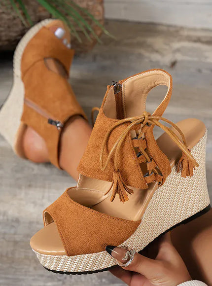 KissICON Thick Bottom Wedges Sandals Women Retro Lace Up
