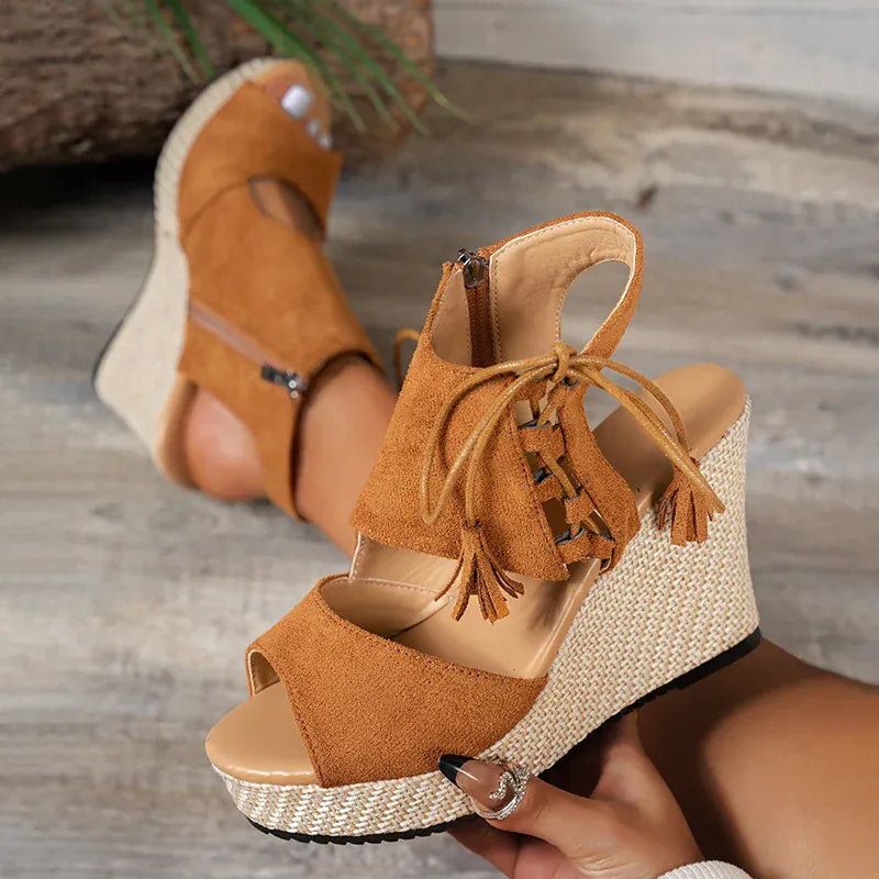 KissICON Thick Bottom Wedges Sandals Women Retro Lace Up