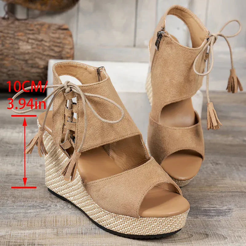 KissICON Thick Bottom Wedges Sandals Women Retro Lace Up