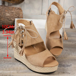 KissICON Thick Bottom Wedges Sandals Women Retro Lace Up