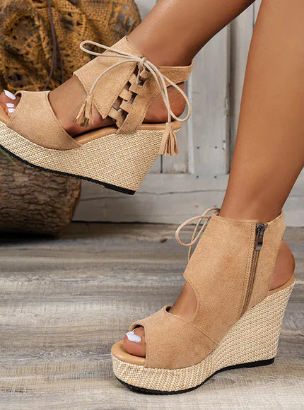 KissICON Thick Bottom Wedges Sandals Women Retro Lace Up