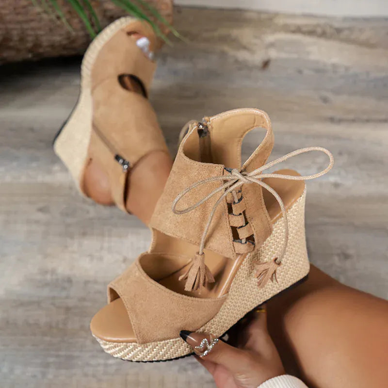 KissICON Thick Bottom Wedges Sandals Women Retro Lace Up