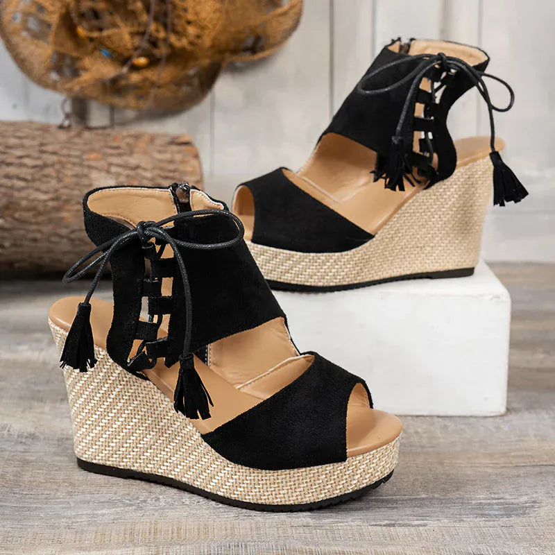KissICON Thick Bottom Wedges Sandals Women Retro Lace Up