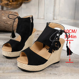 KissICON Thick Bottom Wedges Sandals Women Retro Lace Up