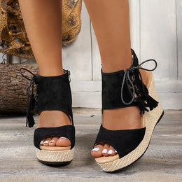 KissICON Thick Bottom Wedges Sandals Women Retro Lace Up
