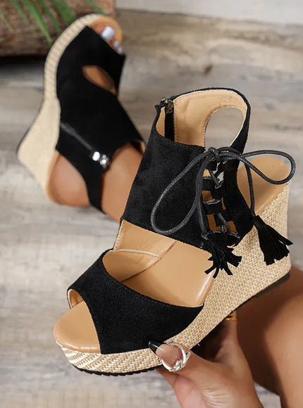 KissICON Thick Bottom Wedges Sandals Women Retro Lace Up