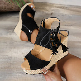 KissICON Thick Bottom Wedges Sandals Women Retro Lace Up