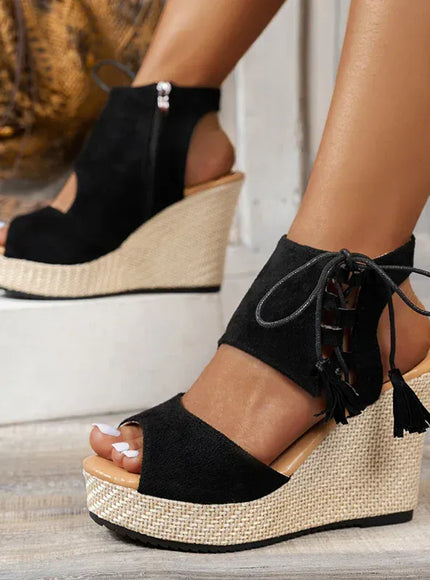 KissICON Thick Bottom Wedges Sandals Women Retro Lace Up