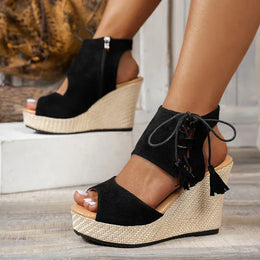 KissICON Thick Bottom Wedges Sandals Women Retro Lace Up