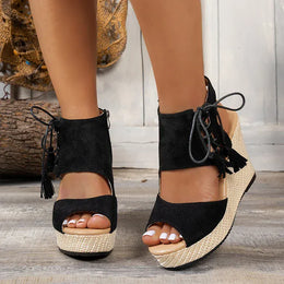 KissICON Thick Bottom Wedges Sandals Women Retro Lace Up