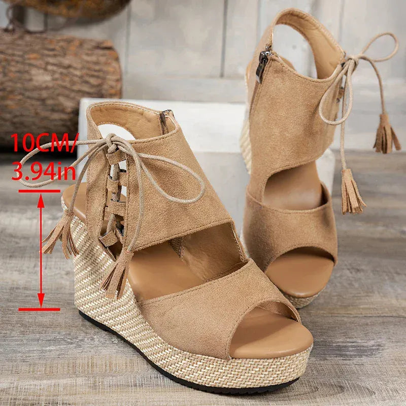 KissICON Thick Bottom Wedges Sandals Women Retro Lace Up