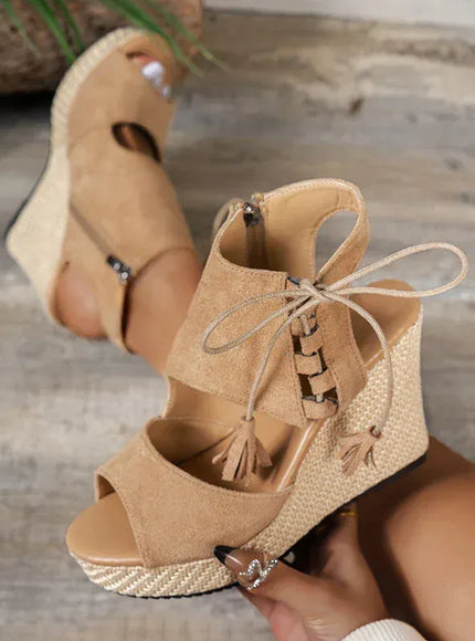 KissICON Thick Bottom Wedges Sandals Women Retro Lace Up