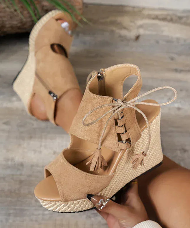 KissICON Thick Bottom Wedges Sandals Women Retro Lace Up