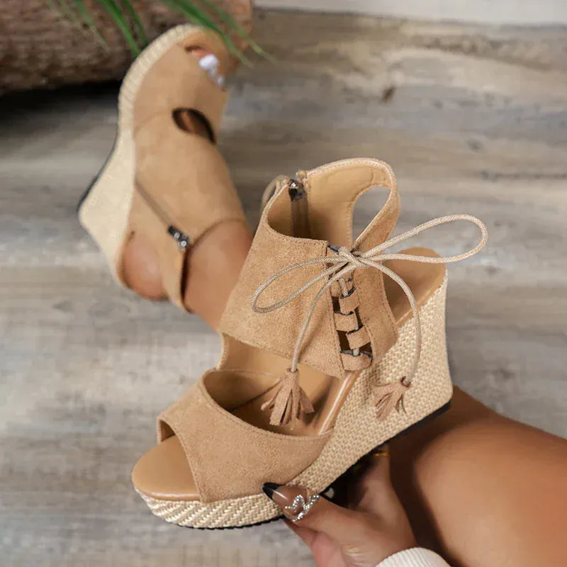 KissICON Thick Bottom Wedges Sandals Women Retro Lace Up