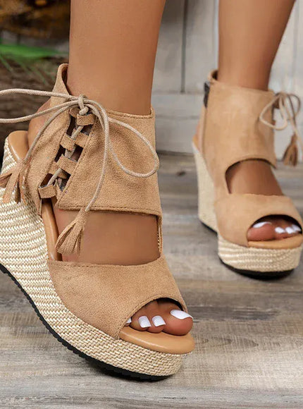 KissICON Thick Bottom Wedges Sandals Women Retro Lace Up