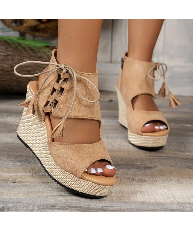 KissICON Thick Bottom Wedges Sandals Women Retro Lace Up
