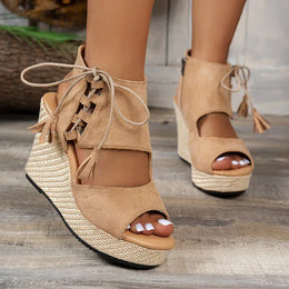 KissICON Thick Bottom Wedges Sandals Women Retro Lace Up
