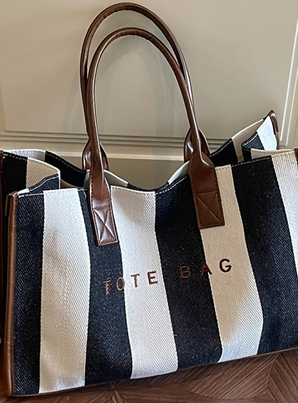 KissICON Thick Stripes Chic Soft Tote Spacious Versatile Daily  Travel Handbag