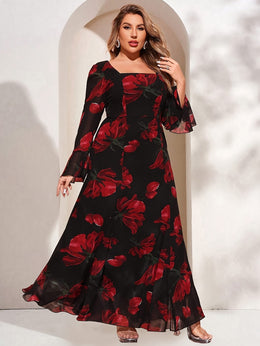jkthpu-45 TOLEEN Plus Size Women's Elegant Floral Print Square Neck Long Sleeve Dress with Flared Cuffs & Ruffled Hem - Floor-Length Formal Party Wedding Guest Gown, Black with Red Roses, Fitted Silhouette, Hand Wash Only, Wedding Dresses, Event Attire, Decorative