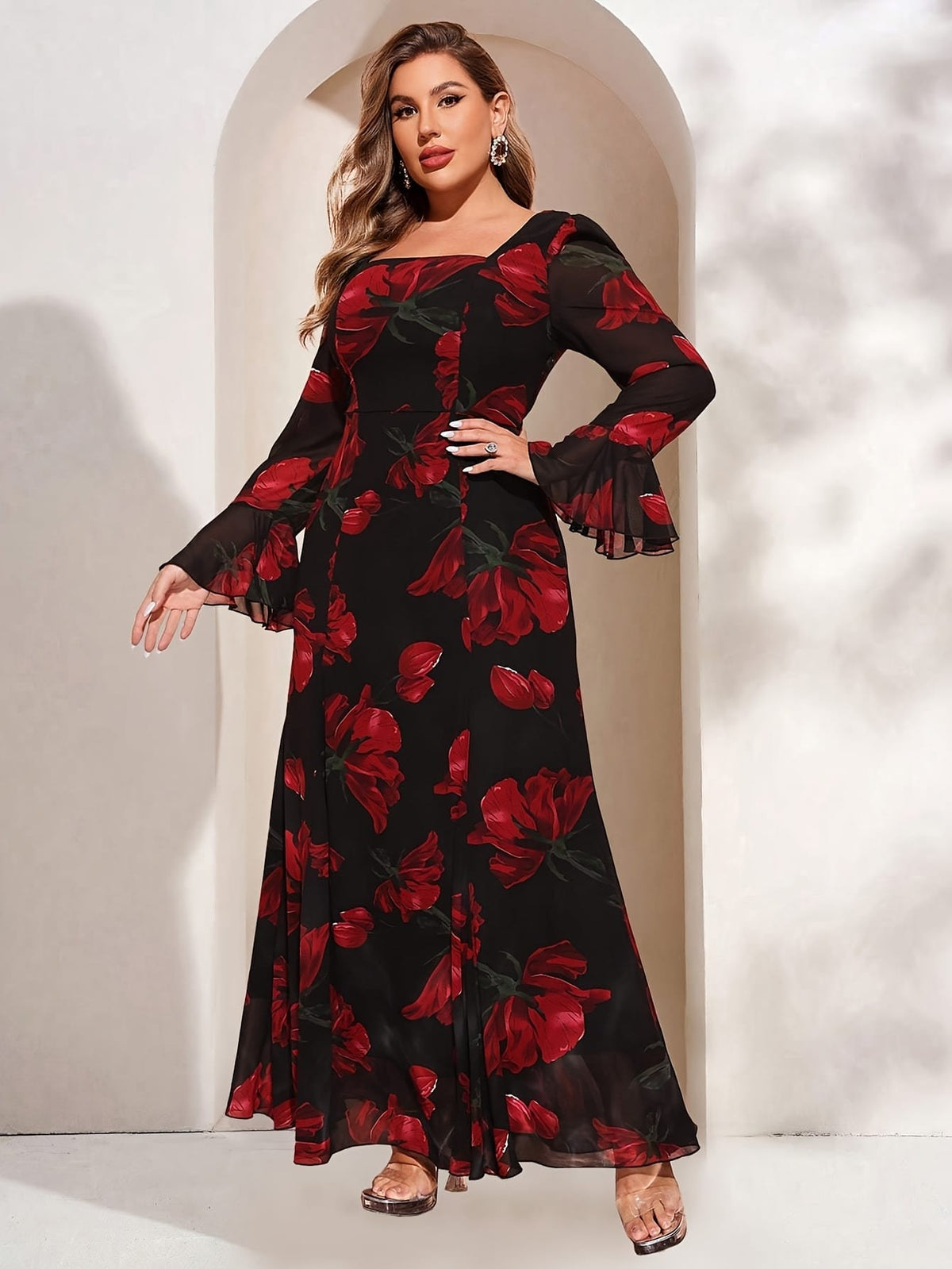 jkthpu-45 TOLEEN Plus Size Women's Elegant Floral Print Square Neck Long Sleeve Dress with Flared Cuffs & Ruffled Hem - Floor-Length Formal Party Wedding Guest Gown, Black with Red Roses, Fitted Silhouette, Hand Wash Only, Wedding Dresses, Event Attire, Decorative