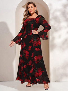 jkthpu-45 TOLEEN Plus Size Women's Elegant Floral Print Square Neck Long Sleeve Dress with Flared Cuffs & Ruffled Hem - Floor-Length Formal Party Wedding Guest Gown, Black with Red Roses, Fitted Silhouette, Hand Wash Only, Wedding Dresses, Event Attire, Decorative
