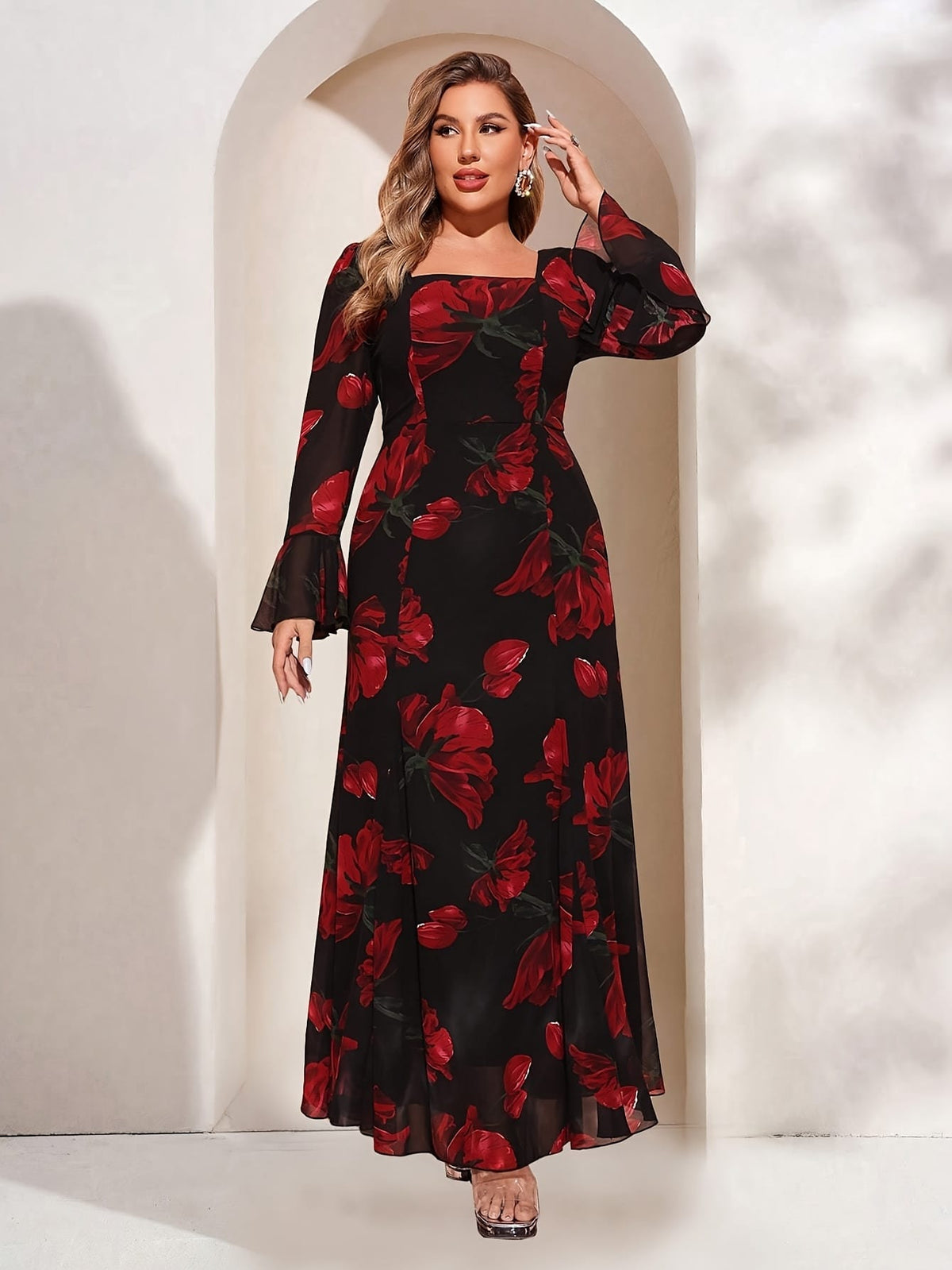 jkthpu-45 TOLEEN Plus Size Women's Elegant Floral Print Square Neck Long Sleeve Dress with Flared Cuffs & Ruffled Hem - Floor-Length Formal Party Wedding Guest Gown, Black with Red Roses, Fitted Silhouette, Hand Wash Only, Wedding Dresses, Event Attire, Decorative