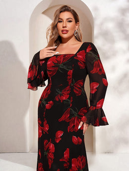 jkthpu-45 TOLEEN Plus Size Women's Elegant Floral Print Square Neck Long Sleeve Dress with Flared Cuffs & Ruffled Hem - Floor-Length Formal Party Wedding Guest Gown, Black with Red Roses, Fitted Silhouette, Hand Wash Only, Wedding Dresses, Event Attire, Decorative