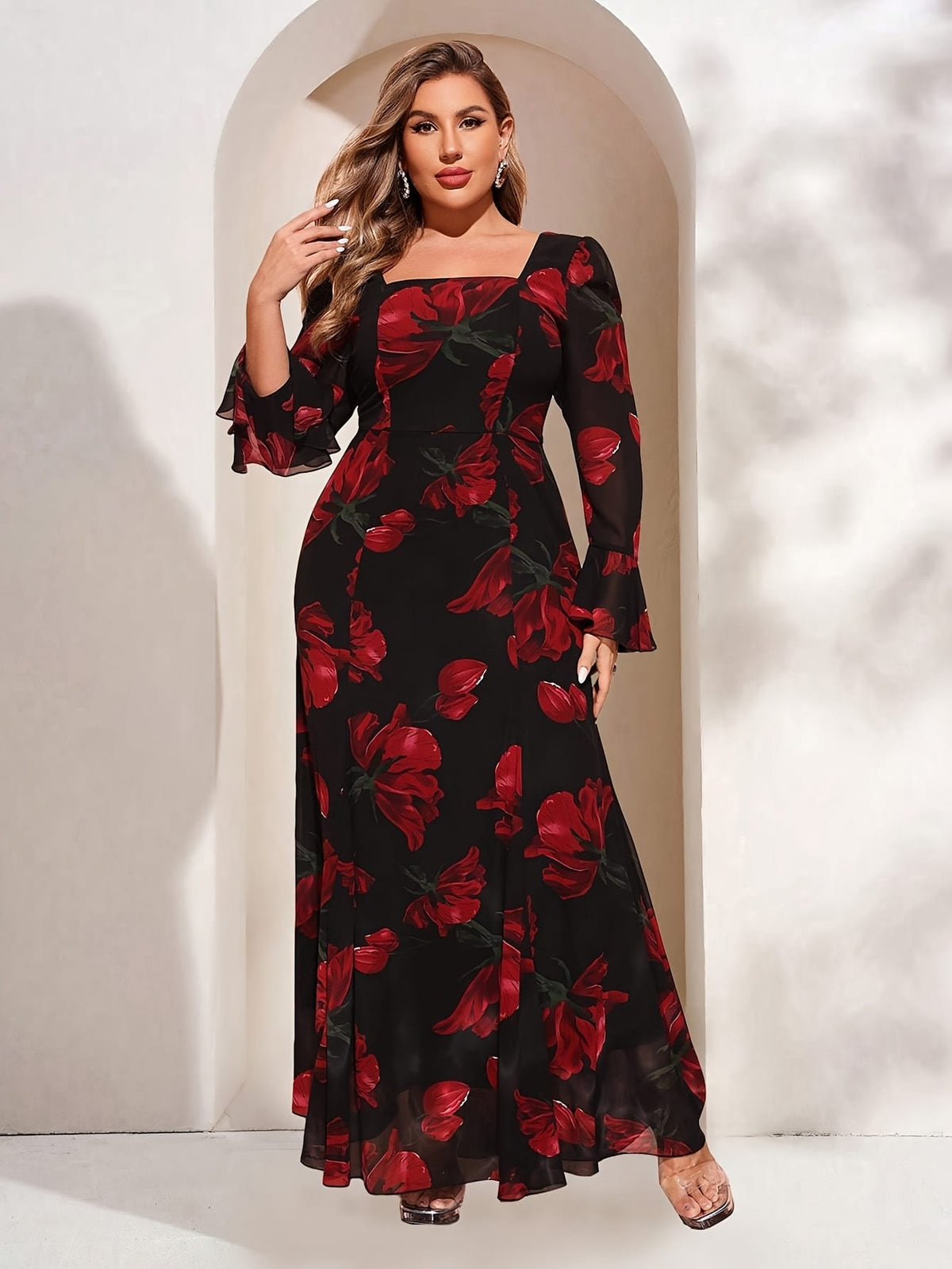 jkthpu-45 TOLEEN Plus Size Women's Elegant Floral Print Square Neck Long Sleeve Dress with Flared Cuffs & Ruffled Hem - Floor-Length Formal Party Wedding Guest Gown, Black with Red Roses, Fitted Silhouette, Hand Wash Only, Wedding Dresses, Event Attire, Decorative