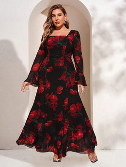 jkthpu-45 TOLEEN Plus Size Women's Elegant Floral Print Square Neck Long Sleeve Dress with Flared Cuffs & Ruffled Hem - Floor-Length Formal Party Wedding Guest Gown, Black with Red Roses, Fitted Silhouette, Hand Wash Only, Wedding Dresses, Event Attire, Decorative