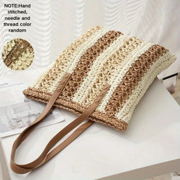 KissICON Tricolor Brown Shoulder Woven Stripesd Straw Fashionable Handbag –