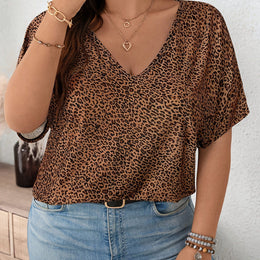 KissICON UK 16 / Light Brown Plus Size, Everyday and Outing, Casual Leopard Print Oversized Women's T-Shirt