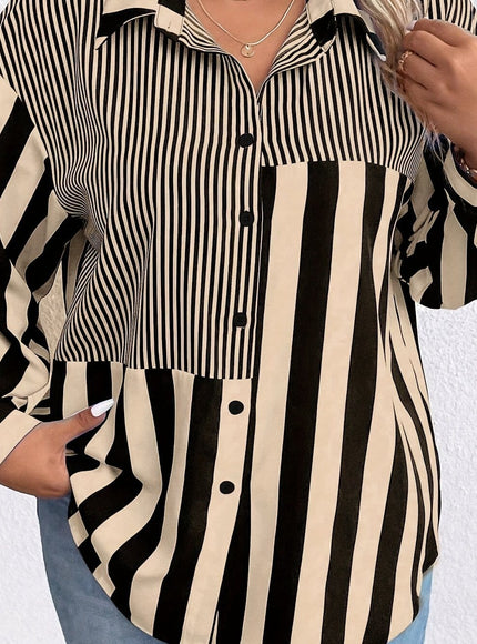 KissICON UK 16 / Mixed Color [Elegant | Casual] Casual Plus Size Striped Colorblock Shirt | Elegant Long Sleeve, Button-Up with Drop Shoulder Design | for Spring & Fall