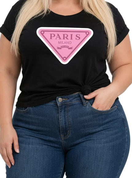 KissICON UK 16 / US 14 Paris Milano Graphic T-Shirt – Black | Plus Size | Casual Everyday Tee