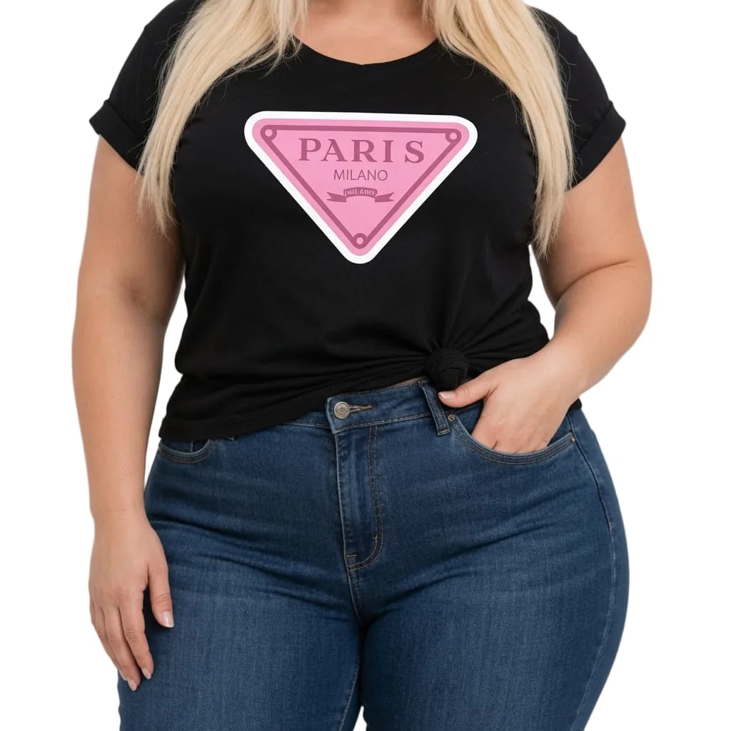 KissICON UK 16 / US 14 Paris Milano Graphic T-Shirt – Black | Plus Size | Casual Everyday Tee