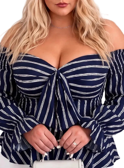 KissICON Blouses UK 16 / US 14 Plus Size Off-Shoulder Striped Peplum Blouse – Navy Blue