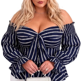 KissICON Blouses UK 16 / US 14 Plus Size Off-Shoulder Striped Peplum Blouse – Navy Blue