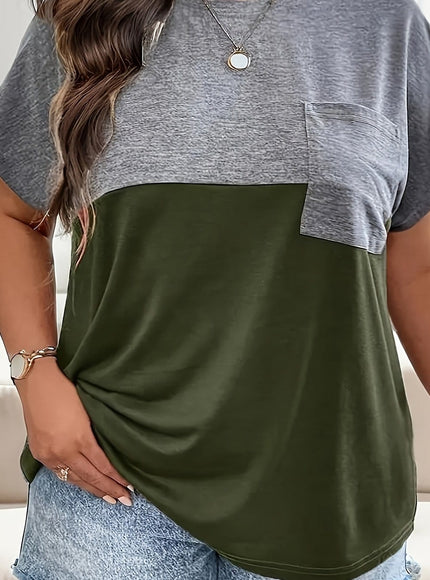 KissICON UK 18 / Army Green Plus Size Women's Color-Block Round Neck T-Shirt - Heather Gray & Navy Blue, Stretchy Fabric with Chest Pocket, Elegant Casual Style for Spring Summer Fall, Ladies T Shirts, Seasonal Fashion, Chic Design, Breathable Material,