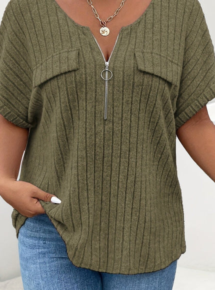 KissICON UK 18 / Army Green Plus Size Women's Elegant Textured T-Shirt - Relaxed Fit Short Sleeve Round Neck Top with Decorative Zipper Pockets, Maroon Casual Shirt for Spring/Autumn, Machine Washable, Ladies T Shirts, Everyday Comfortable Clothing, Rib